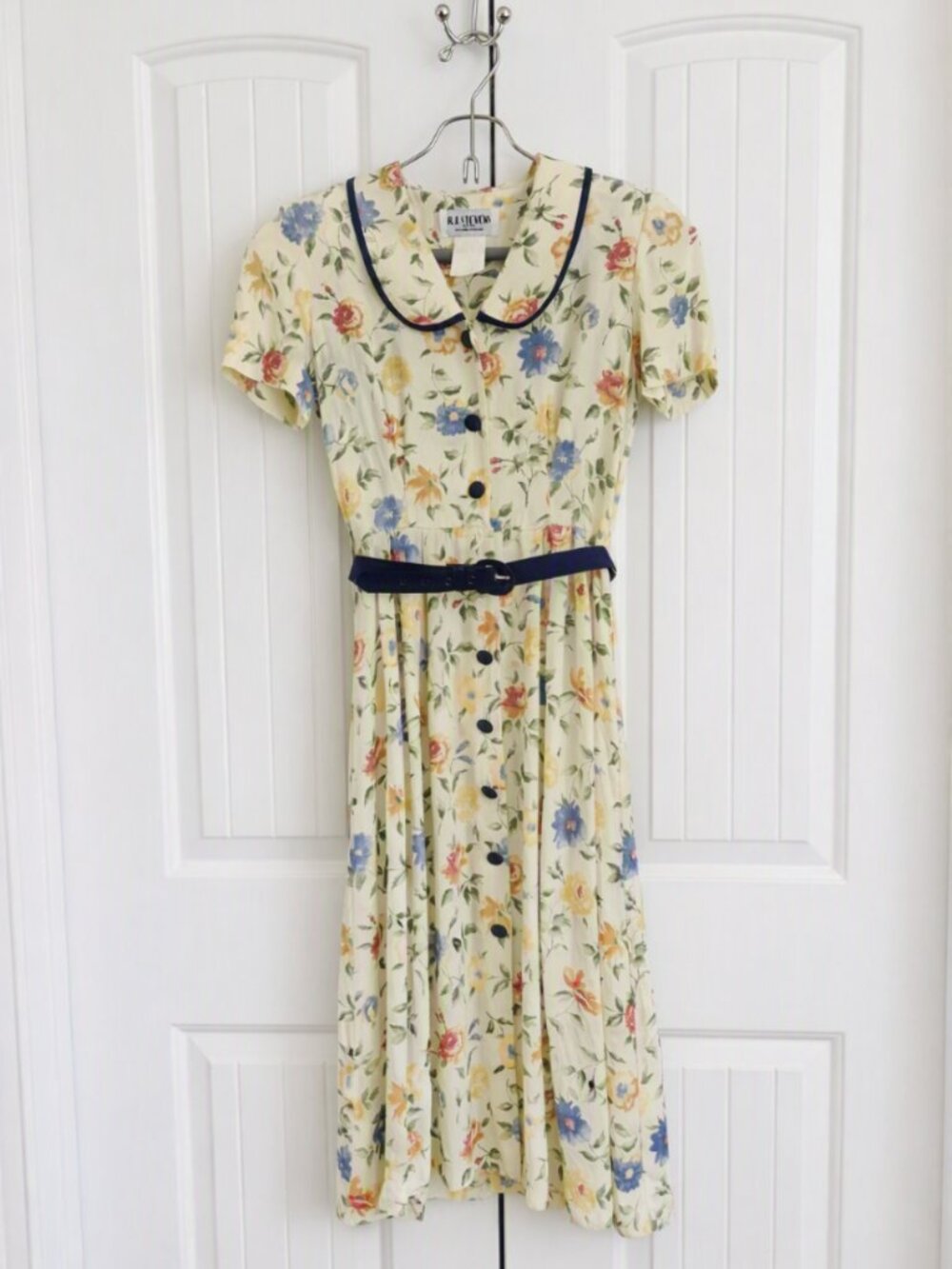 RJ Stevens Vintage Cottagecore Floral Midi Dress Peter Pan Collar Belted Size 2P